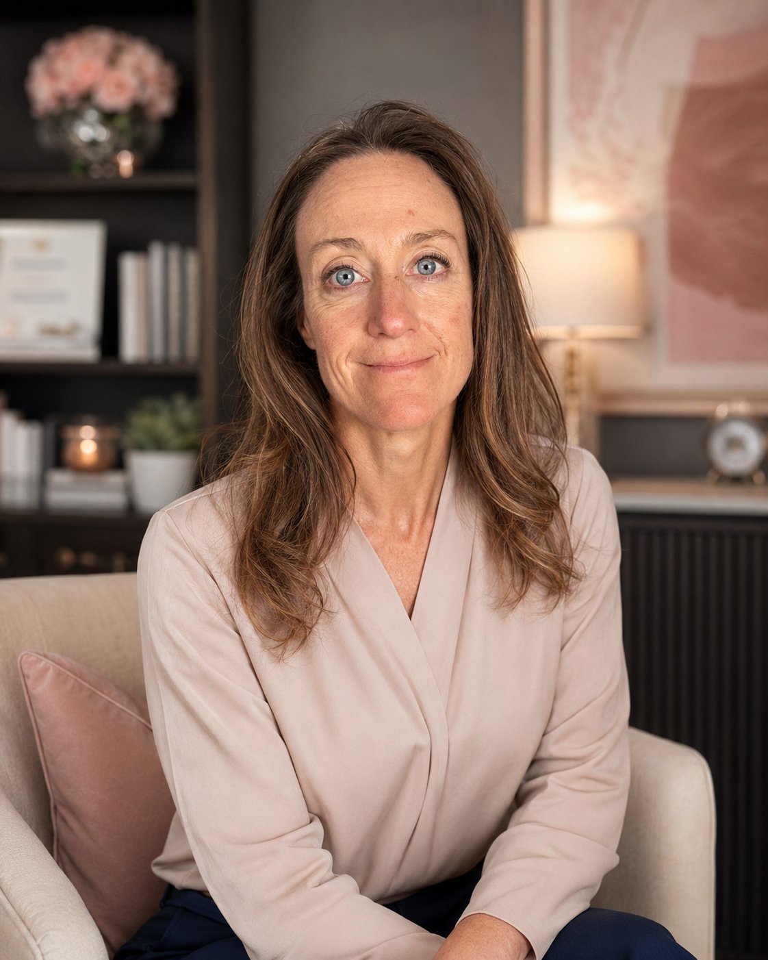 Nicki McCoy seated in a warm, blush-toned office
